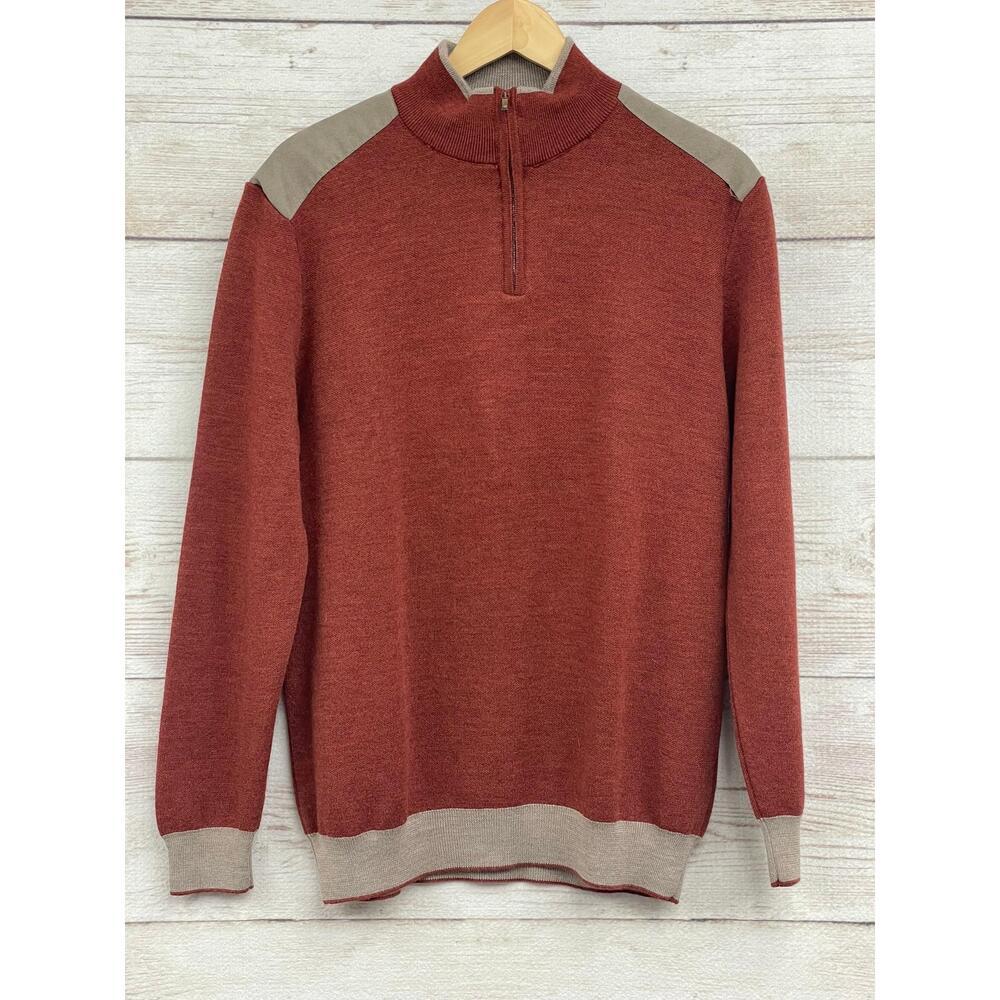 Garnet Clothiers Men Orange Rust‎ merino Wool Quarter Zip Sweater Sueded  Medium